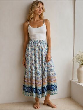 Amazon Floral Border Print Maxi Skirt in Cream, Blue, Purple